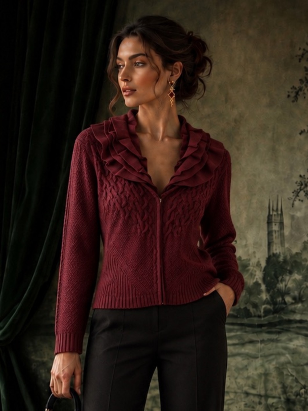 Elie Tahari Cardigan Large Burgundy 100% Merino Wool Ruffle Collar Sweater